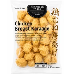 NHフーズ（日本ハムグループ）の「JAPANESE TABLE」鶏むね唐揚げ1kg大容量パッケージ。衣付きの冷凍唐揚げがたっぷり入った、業務用・惣菜向けの商品。