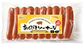 NH Foods UK Japanese Style Pork Sausage with Cheese packaging, featuring authentic Arabiki sausages made with an original recipe.