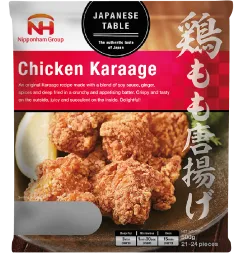 NH Foods Japanese Table Chicken Karaage 500g product packaging featuring a serving suggestion of crispy, golden-brown fried chicken chunks with a lemon wedge.