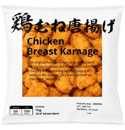 NH Foods 品牌的清真冷凍日式炸雞胸肉（Chicken Breast Karaage）1公斤包裝。包裝上方印有黑色日文「鶏むね唐揚げ」字樣，中央透明視窗可看見金黃色的炸雞塊。