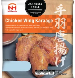 NH Foods Japanese Table Chicken Wing Karaage 500g product packaging featuring a serving suggestion of crispy, golden-brown chicken wings with a side dipping sauce.